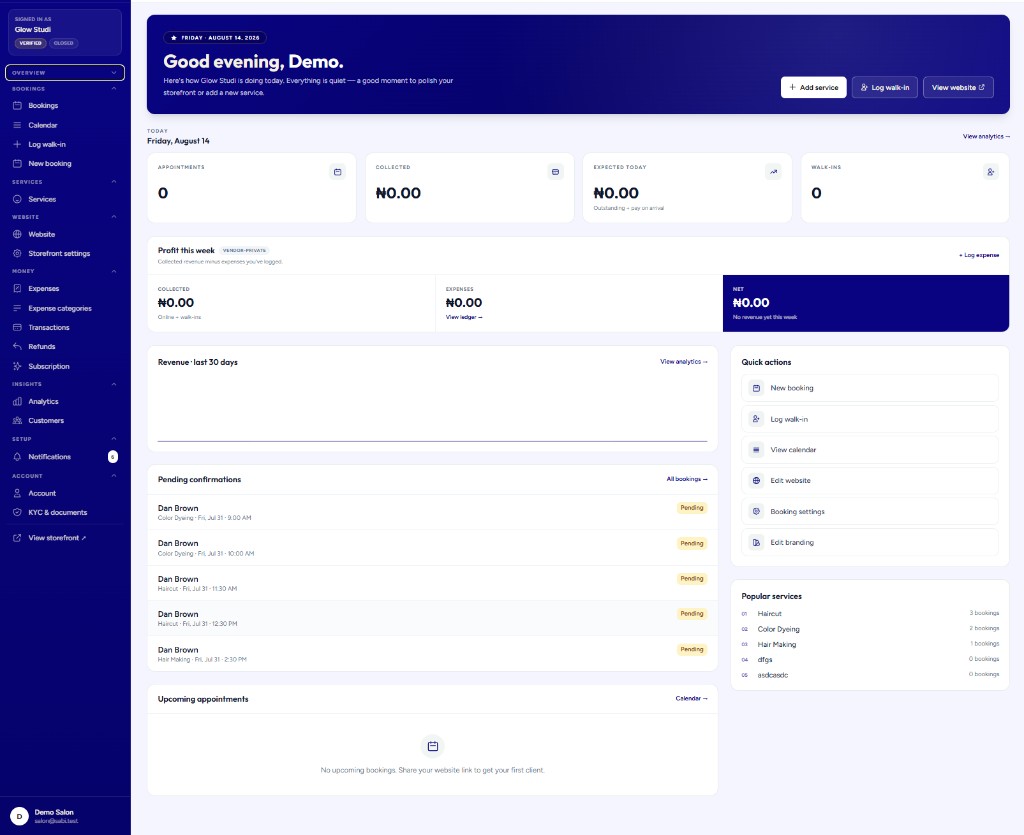 Jarra HQ vendor dashboard showing bookings, revenue, and quick actions
