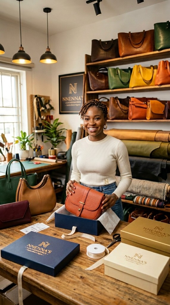 Boutique owner packing a leather handbag for delivery