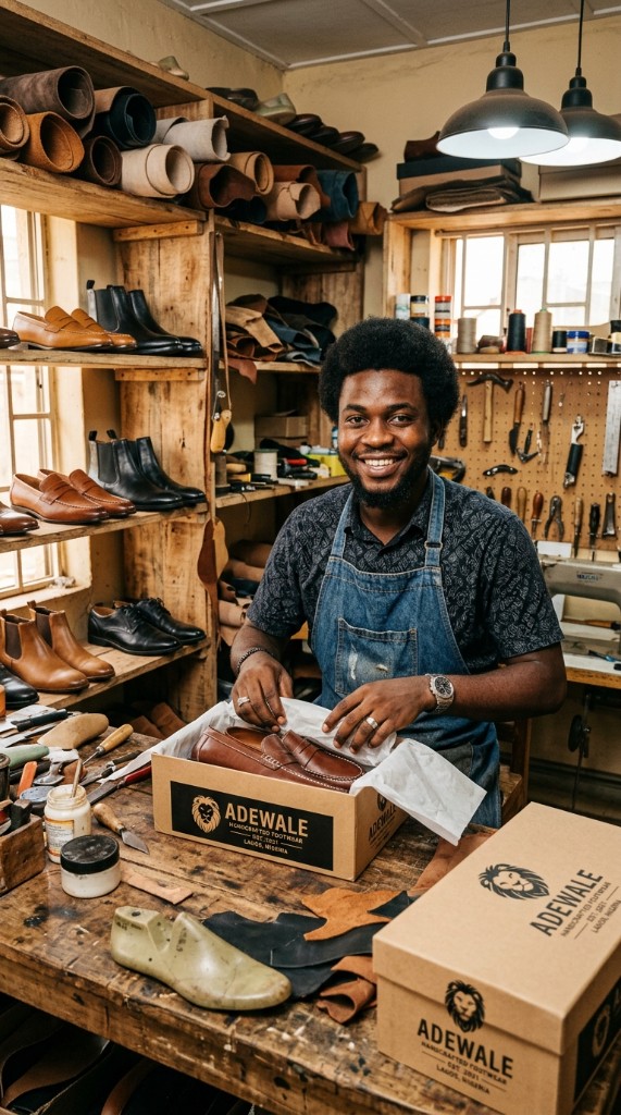 Artisan packing handcrafted leather shoes for a customer order