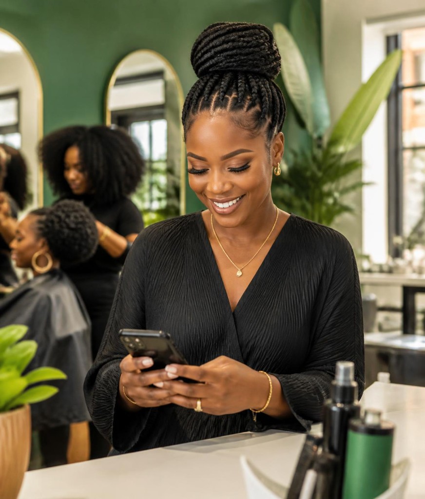 Service vendor managing appointments and payments on her phone