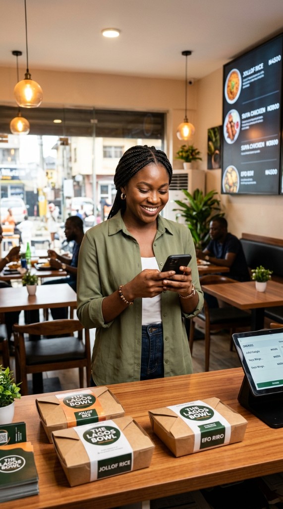 Restaurant owner checking orders on her phone at The Lagos Bowl counter